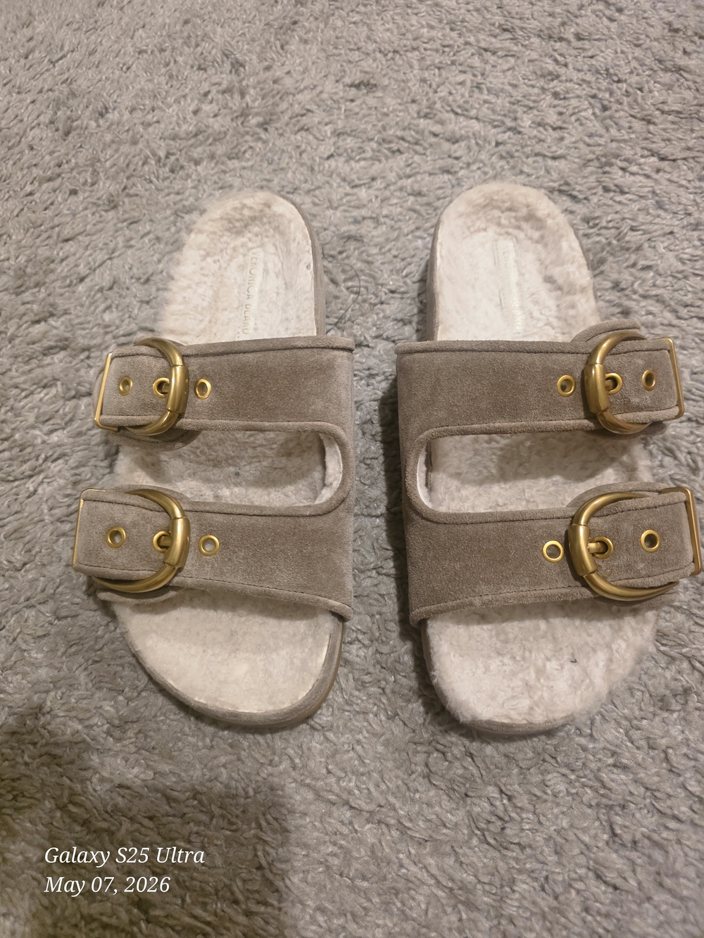 Veronica Beard Taupe Suede Double-Buckle Slide Sandals with Gold Hardware